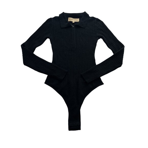 Aya Muse Ribbed Cashmere Collared Bodysuit in Black